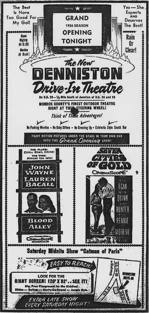 Denniston Drive-In Theatre - Denniston Drive-In Grand Opening Ad 5-5-56 (newer photo)